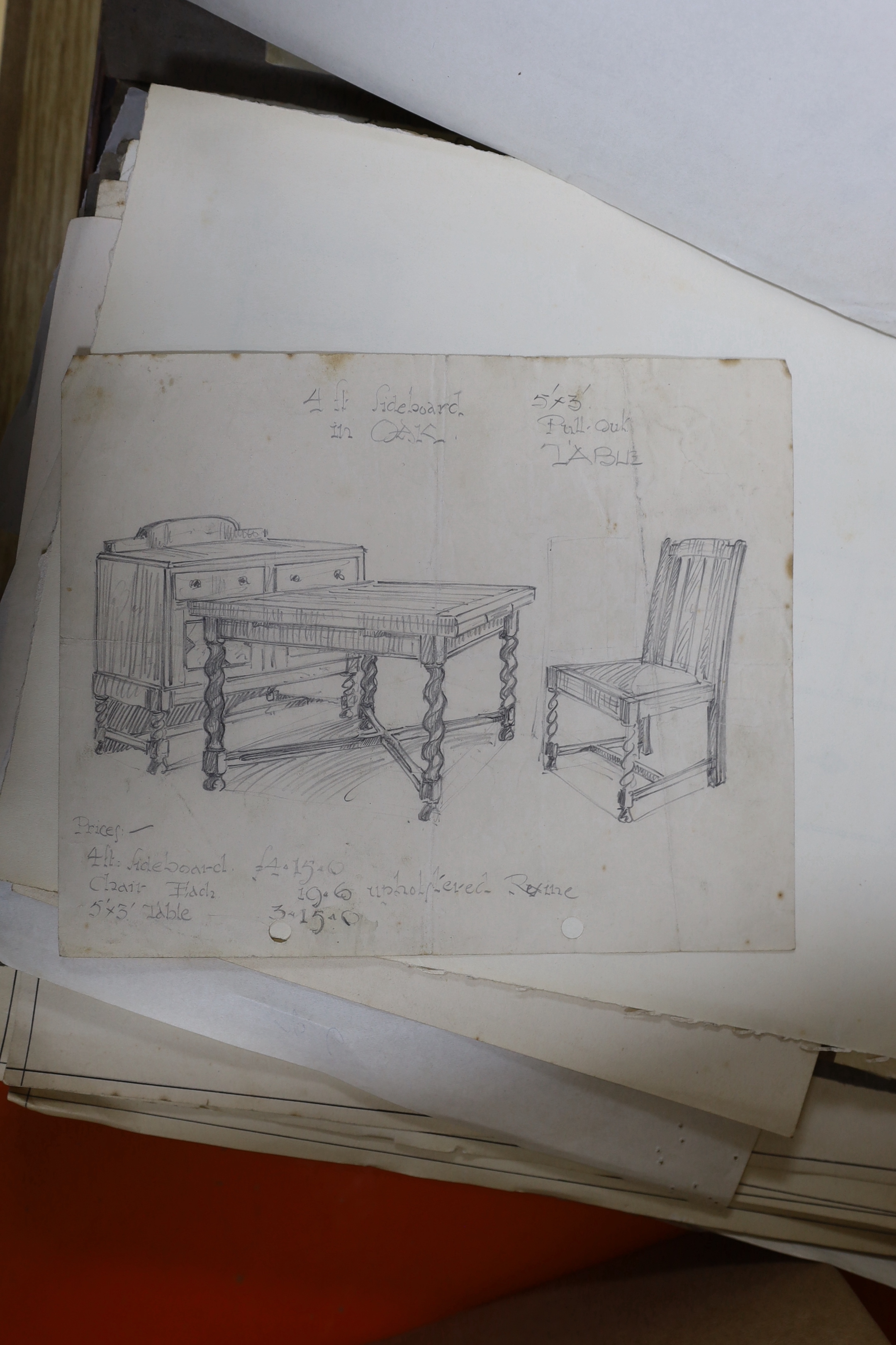 William Hilling (20th. C) collection of furniture illustrations, mostly ink and watercolour sketches on paper, including Art Deco designs, together with paperwork and ephemera related to the artist